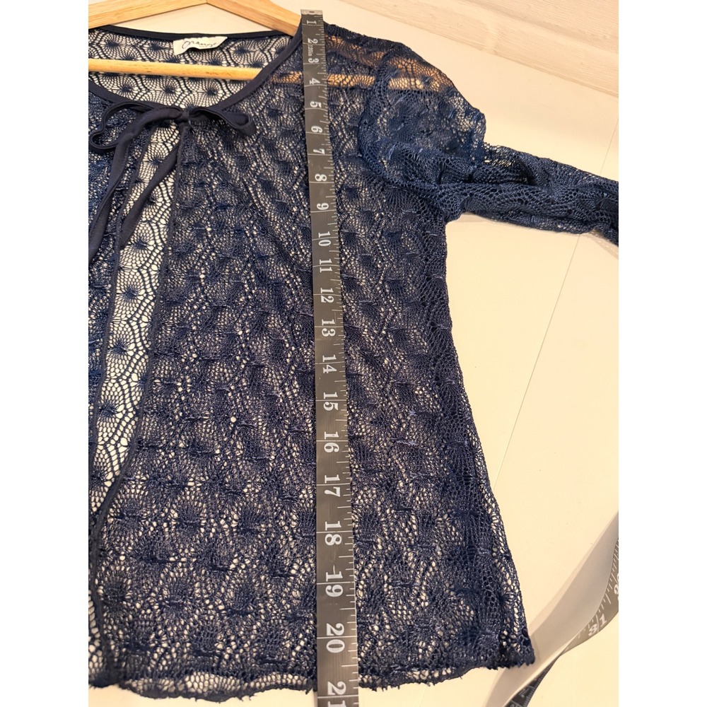 Y2K Navy Blue Lace Tie Front Cardigan Sheer Knit Shrug Top Womens Academia S‎ - Picture 9 of 10